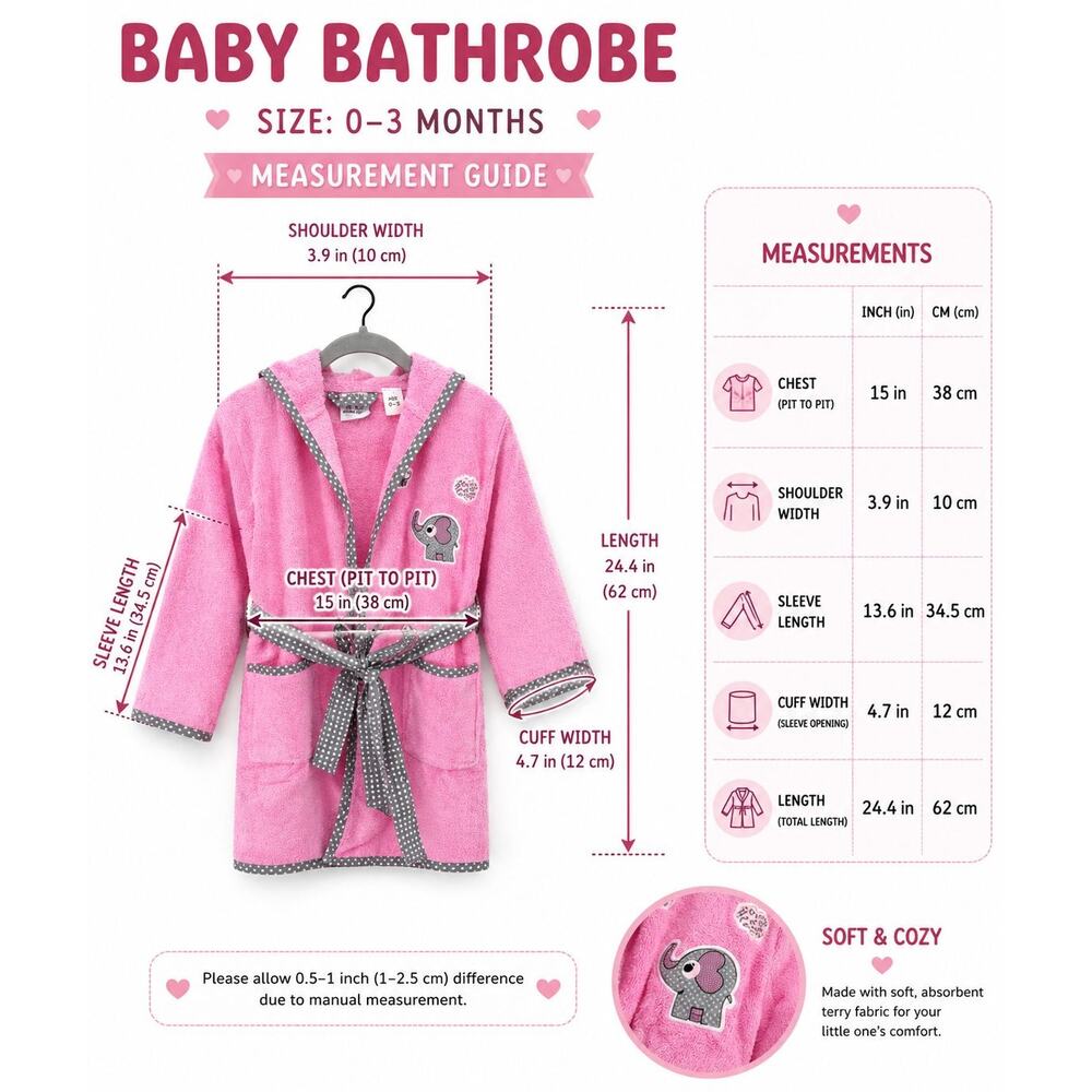 Baby Pink Bathrobe 100% Cotton Hooded Elephant Soft Robe 0-3 Months - Picture 2 of 8